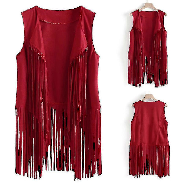 Dame Tassel Ærmeløs Vest 70'er 1970'er Hippie Faux Suede Veste Fringe Jakke Cardigans Red M