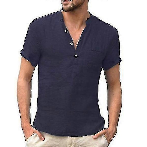 Sommer Bomuld Hør Kortærmet Herre T-shirt S-5xl/bl navy blue XL