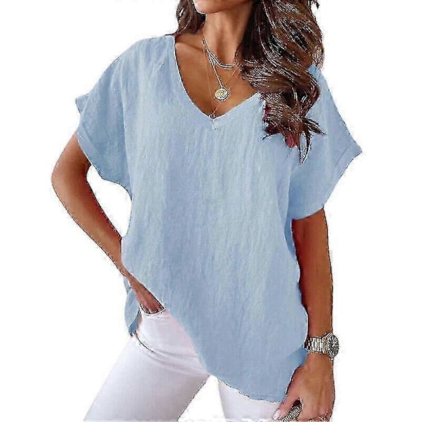 Dame Bomuld Linned Tunika Toppe Kvinder V-Hals T-Shirt Løs Bluse Plus Størrelse P20211224421 blue L