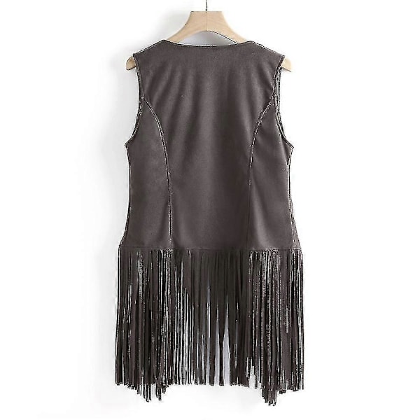 Ärmlös väst med tofsar för kvinnor 70-tal 1970-tal Hippie Faux Suede Västar Fransjacka Koftor Grey M