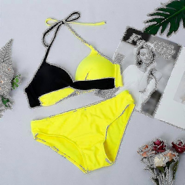 Dame Farveblok Bikini Sæt Polstret Push Up Badetøj Halter Hals Badetøj Black Yellow S