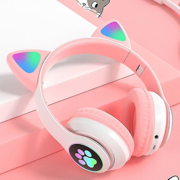 Trådløse Bluetooth høretelefoner med katteører og lys pink