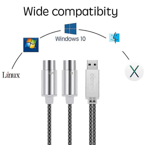 Element Midi-kabel til USB Inn/Ut-konverter Profesjonelt Midi-grensesnitt med indikatorlys for PC/