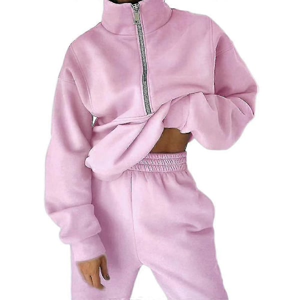 Dam Tvådelad Träningsdräkt Långärmad Dragkedja Hög Hals Hoodie Sweatshirt Med Träningsbyxor Joggingdräkt Set Pink XL