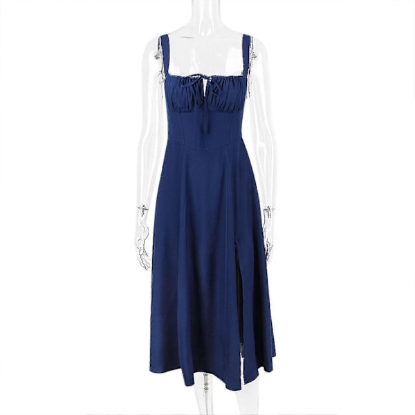 Dame Sommer Blomstret Rygløs Maxikjole Sexet Ærmeløs Lavt Skåret Kjole Bodycon Spaghetti Strop Lang Kjole, 40% Rabat Navy blue XS