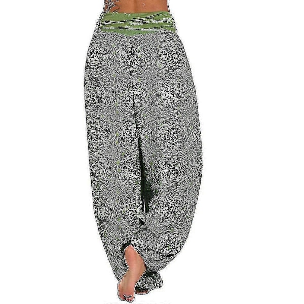 Bohemiska Haremsbyxor för Kvinnor med Paiey-tryck, Gypsy Ali Baba Yoga Palazzo, Lösa Hippiebyxor, Bloomers med Smockresår i Midjan Green XL