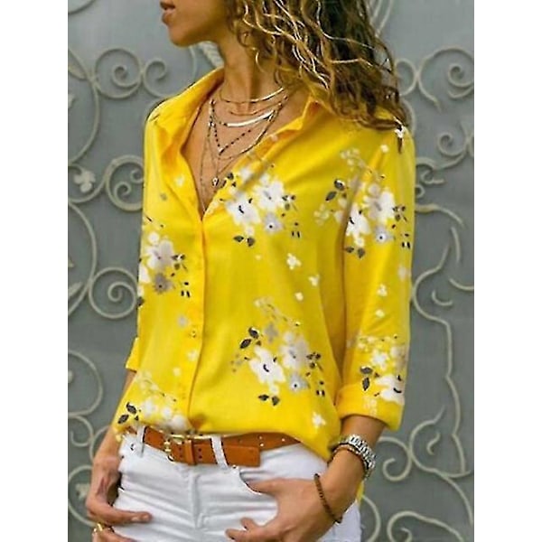 Elegant Chiffonbluse til Kvinder i Store Størrelser med Nedfaldskrave - 2023 Afslappet og Arbejdstøj i 5xl Yellow-long sleeve M