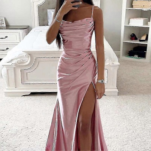 Dame Lang Maxikjole Cowl Neck Aftenkjole Ærmeløs Satin Slip Kjole Fest Casual Pink L