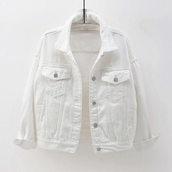 Dam Vår Och Höst Jackor Varm Enfärgad Långärmad Jeansjacka Ytterkläder White XL