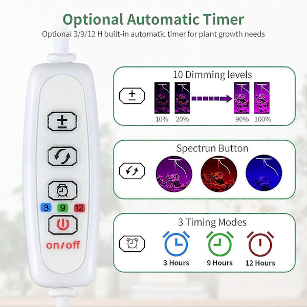 Växtlampor för inomhusväxter, 3 lägen 360 LED växtlampa med timer, 10 dimbara nivåer, Au