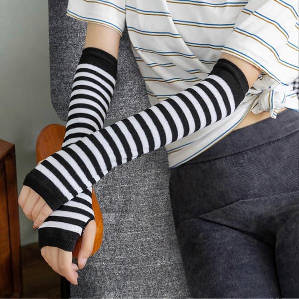 1 par stribede fingerløse handsker til kvinder, strikkede albuevanter til vinter, bløde, elastiske armvarmere, julegave Blue Rose red