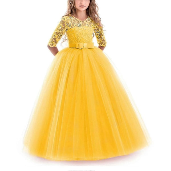 Spetsklänning för Blomsterflickor, Barn, Bröllop, Brudtärnor, Fest, Bal Yellow 130cm