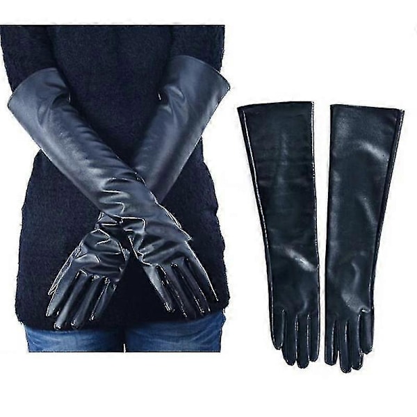 Långa läderhandskar för kvinnor, helfinger, vinter, armbågslånga operahandskar black 50cm