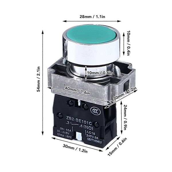 10 st Tryckknappsbrytare Självåterställande Platt Huvud Start Stopp Knappbrytare 22mm Monteringshål AC240V XB2BA31