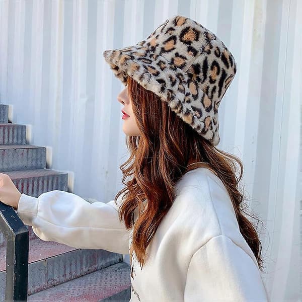 1 stk. Moderigtig Varm Fiskerhat Fluffy Efterår Vinter Leopard Fiskerhat