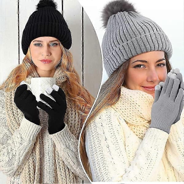 4 Deler Dame Vinter Satengforet Strikket Pom Beanie Luer Touchscreen Hansker Sett