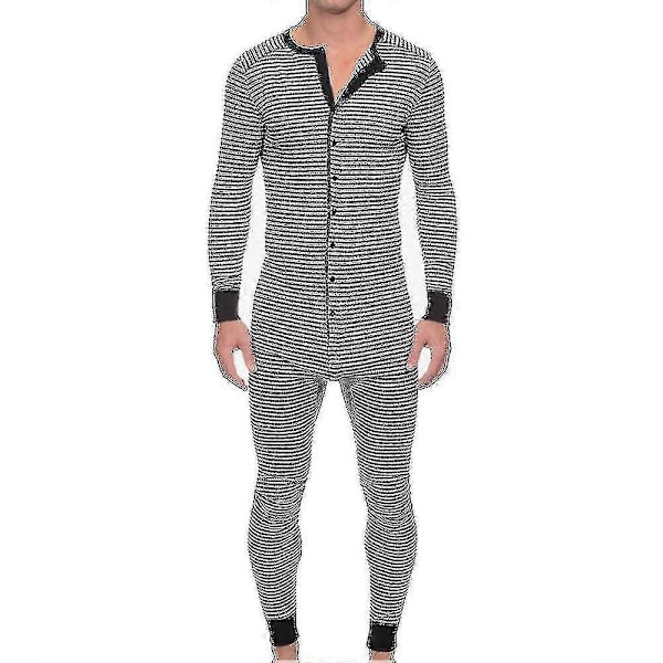 Miesten raidallinen pyjama, pitkähihainen, yksiosainen haalari, yöasu Gray M