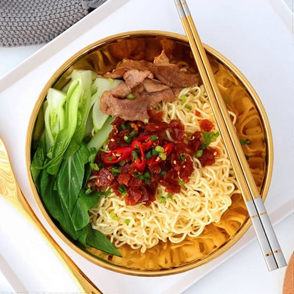 2x Rund Nudelmatskål Dubbla Lager För Hot Pot Sås Soppa Ris Stor Ramen Skål Guld & Regnbåge Nr