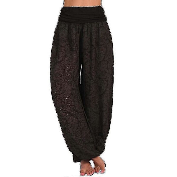 Bohemiska Haremsbyxor för Kvinnor med Paiey-tryck, Gypsy Ali Baba Yoga Palazzo, Lösa Hippiebyxor, Bloomers med Smockresår i Midjan Coffee 3XL