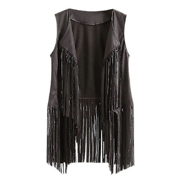 Dame Tassel Ærmeløs Vest 70'er 1970'er Hippie Faux Suede Veste Fringe Jakke Cardigans Grey XL