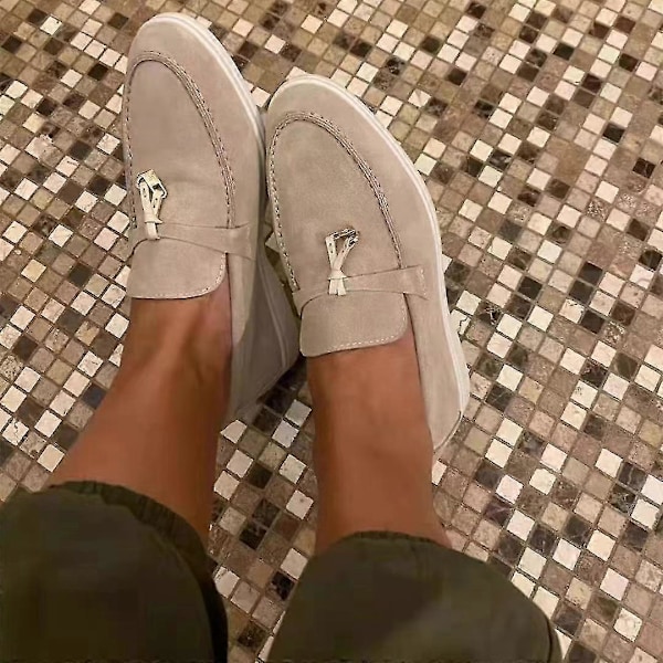 Walk Sko Dame Loafers Ruskind Afslappede Mokkasiner Lås Hue Sko Komfortable Bløde Såler Flade Sko Plus Size_Active Beige 41