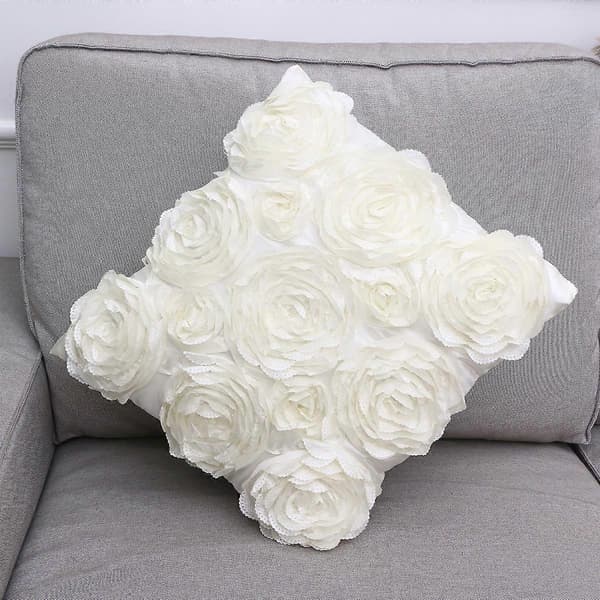 42X42CM 3D Ros Blomma Fyrkantig Prydnadskudde Kuddfodral Soffa Hem Rum Bilsäte Dekor (Vit)