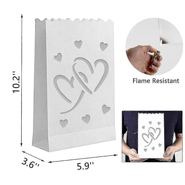 50 stk. hvide luminary poser med hjerter, flammebestandige lysposer, fyrfadslys lanterner til bryllup
