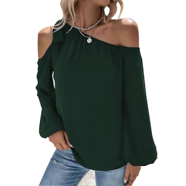 Dam Topp Cold Shoulder Knytblus Enfärgad Lykta Ärm Elastisk Manschett Chiffong Elegant Casual Blus Skjorta Dark Green L
