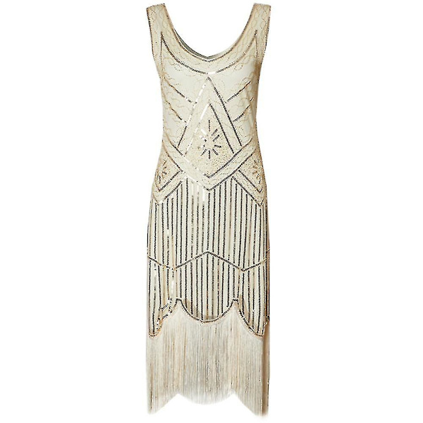 Halloween Dame 1920'er Festkjole Frynset Kostumekjole 20'er Pailletter Perlebesat Vintage Aftenfest Elegante Kjoler Beige 2XL