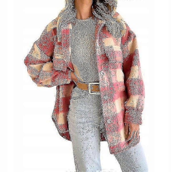 Vinter Ulljakke Casual Rutete Flanell Shacket Jakke Oversized Knapp Ned Lang Ermet Høst Skjortejakke Kåpe Topper Jakke Kvinner GREY XL