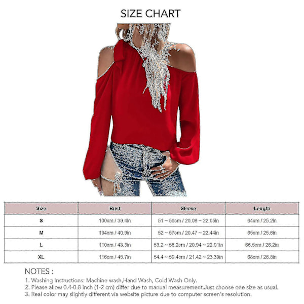 Dam Topp Cold Shoulder Knytblus Enfärgad Lykta Ärm Elastisk Manschett Chiffong Elegant Casual Blus Skjorta Red M