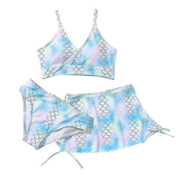 Sommar Tankini Set för Små Flickor, 3 Delar/set, Strand Surf Badkläder 8-12 År, Vadderad Bikini Baddräkt Set för Barn blue pink 140