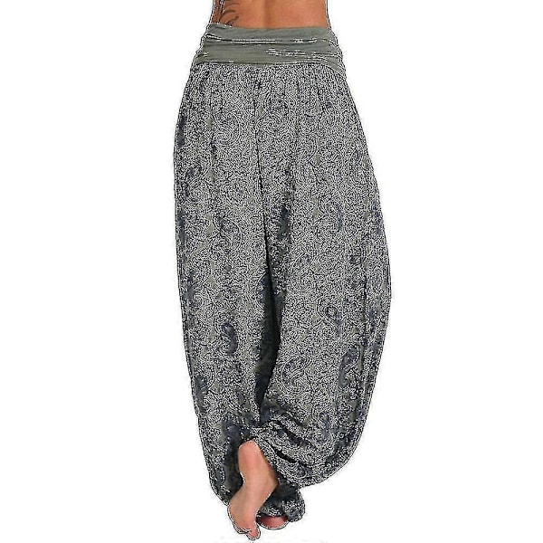 Bohemiska Haremsbyxor för Kvinnor med Paiey-tryck, Gypsy Ali Baba Yoga Palazzo, Lösa Hippiebyxor, Bloomers med Smockresår i Midjan Army Green 5XL