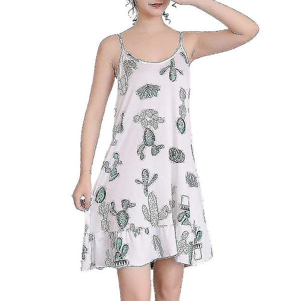 Dam Söt Tecknad Tryck Nattlinne Ärmlös Cami Nattklänning Lös Sovklänning Cactus L