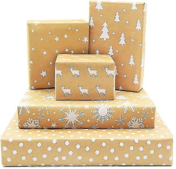 Kraft Jul Omslagspapper Rulle, Presentpapper 5 Mönster 99 cm X 43 cm
