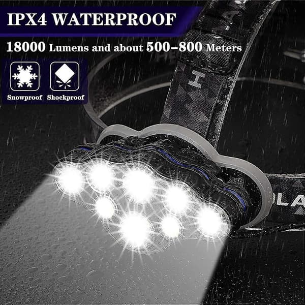 Hodelykt, supersterk hodelykt, 18000 lumen 8 LED 8 moduser hodelykt, oppladbar vanntett