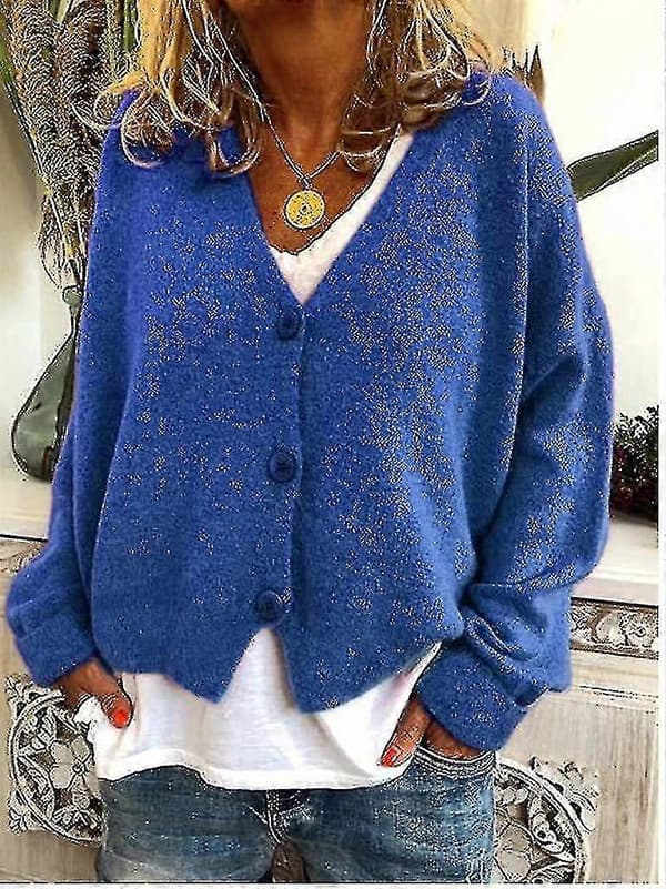 Damtröja Stickad Casual V-ringad Enfärgad Kofta Blue M