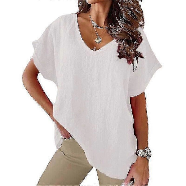 Dame Bomuld Linned Tunika Toppe Kvinder V-Hals T-Shirt Løs Bluse Plus Størrelse P20211224421 white L