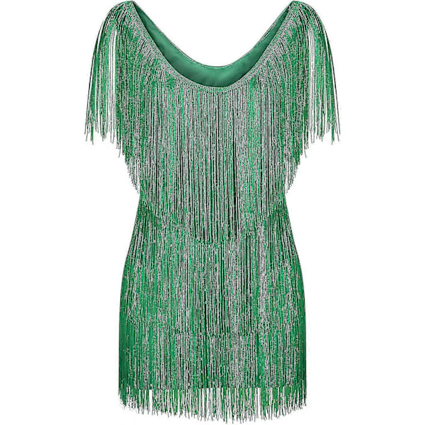 Cocktailkjoler til kvinder Sexet dyb V-hals Allover Frynser Spaghetti Stropper Kjole Pailletter Fjer Prom Festkjole 2-green X-Large
