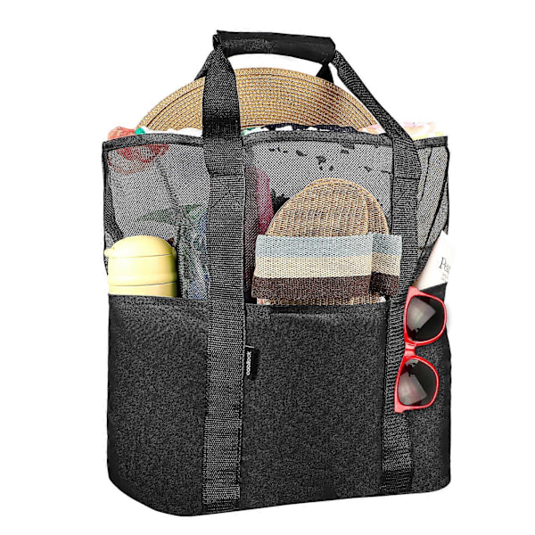 Cabilock Mesh Strandtaske Tote Taske Foldbar Dagligvarepose med Ekstra 6 Udvendige Lommer (Sort)