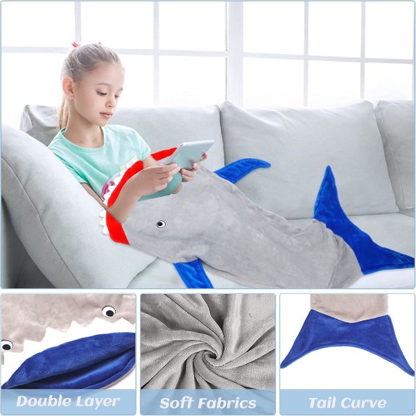 Shark Sovsäck Mermaid Shark Tail Filt Dubbelsidig Mjuk och Bekväm Fleece Sovsäck På Bäddsoffa För Födelsedagspresent Lång 140cm