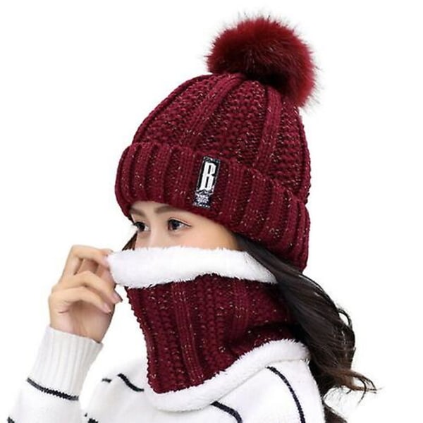 2 stk Sett Vinter Dame Ullaktig Tykk Strikket Lue og Skjerf Sett Strikket Ull Wine Red