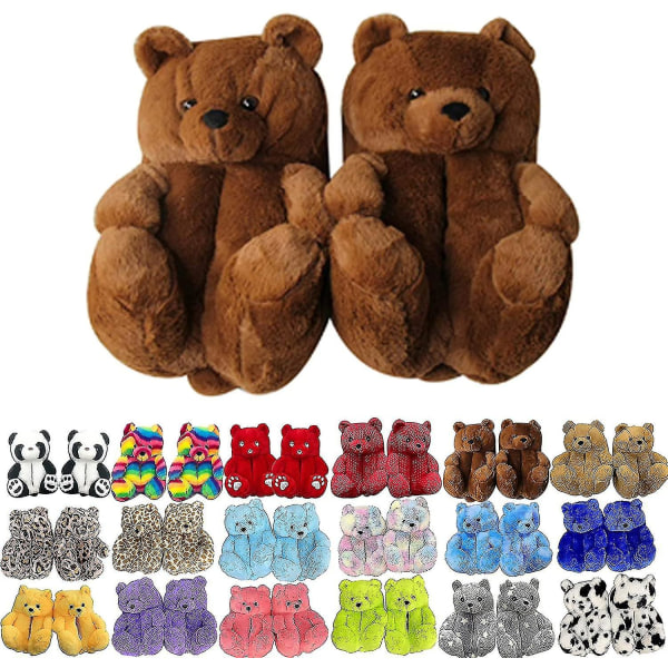 Teddybjörn Tofflor Dam Plysch Djurtofflor Varma Vinterskor Fuskpäls Halkfria M Dark Brown