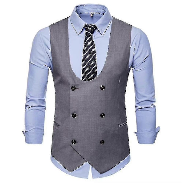 Jul Herr Solid U-ringad Dubbelknäppt Kostymväst Slim Fit Formell Väst Grey 4XL