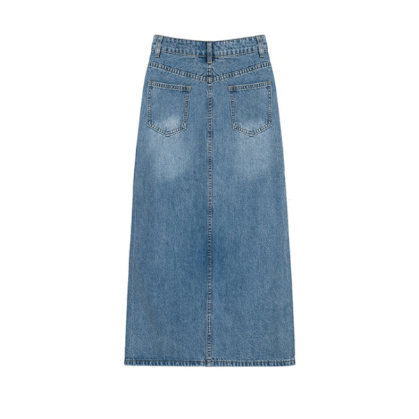 Sommar ny retro blå slits denimkjol för dam, passar till allt M