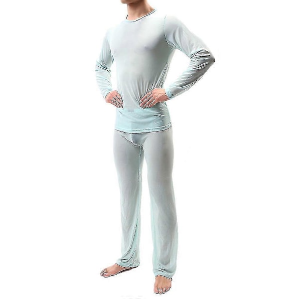 Miesten verkkokangas läpinäkyvä pyjamasetti, seksikäs toppi + housut, alusvaatteet, eroottinen yöasu Lake Blue M