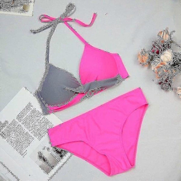Färgblockerad Bikiniuppsättning för Kvinnor, Vadderad Push-Up Baddräkt, Halterhals Baddräkt Light Grey Rose Red M