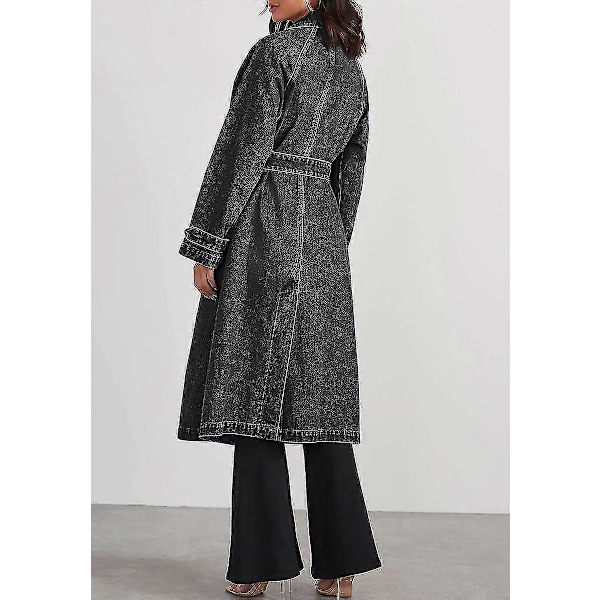 Naisten Vintage Midi Pitkä Farkkutakki, Väljä Malli, Kaksirivinen Denim-trenssi Vyöllä Black X-Large