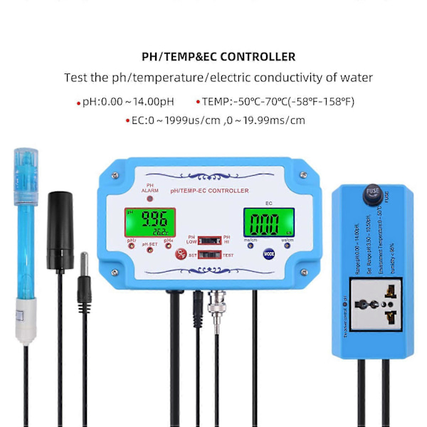 3-i-1 pH-mätare pH//temp Detektor Kontroller Relä Elektrod Bnc Typ Sond Vattenkvalitetstestare Eu