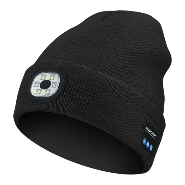 Bluetooth mössa med ljus, unisex USB uppladdningsbar 6 led pannlampa hatt med trådlösa hörlurar Black